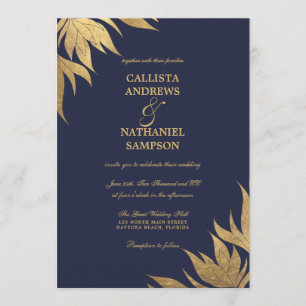 Elegant Navy Blue Gold Foil Foliage Leaves Wedding Invitation