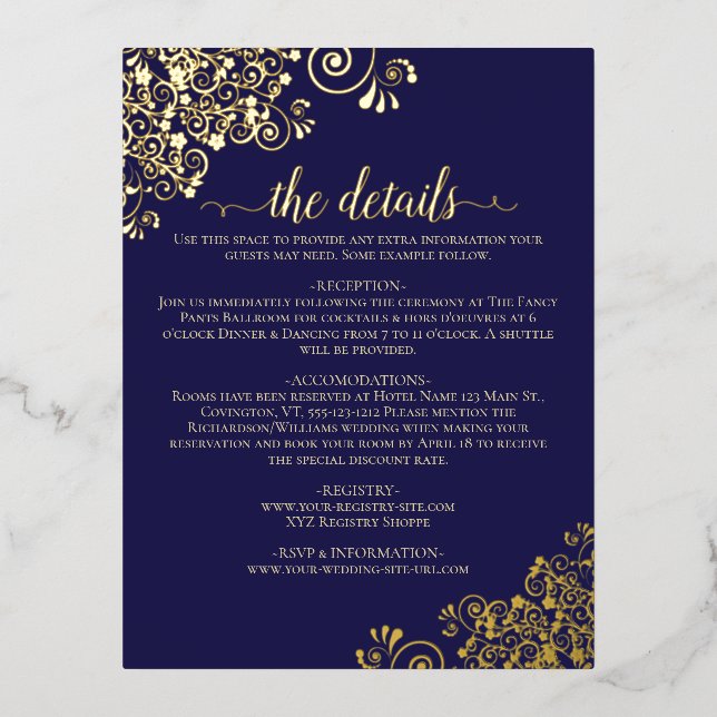 Elegant Navy Blue & Gold Foil Wedding Details Card (Front)