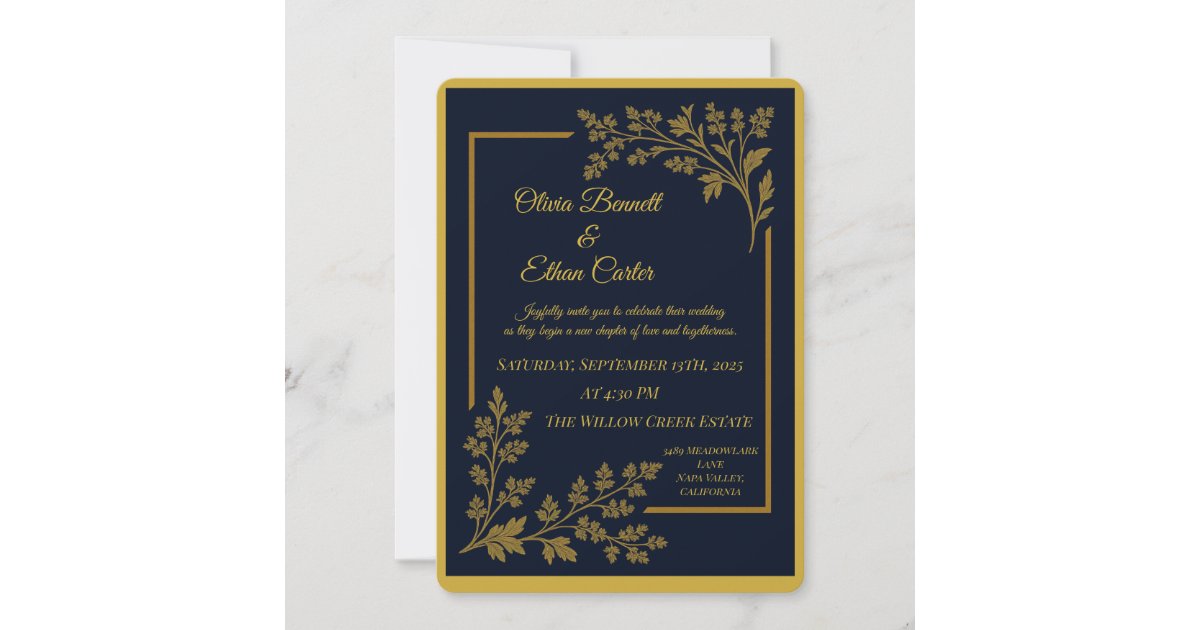 Elegant Navy Blue & Gold Foil Wedding Invitation | Zazzle