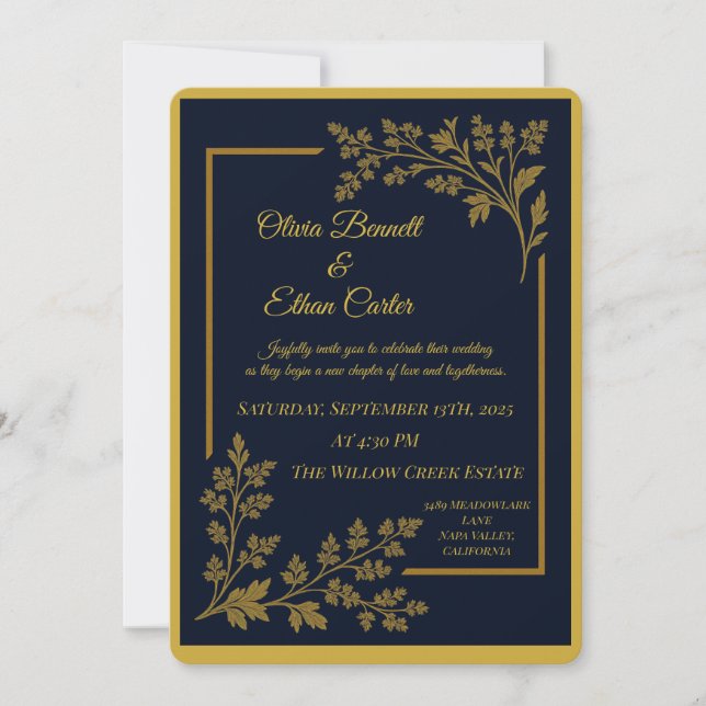 Elegant Navy Blue & Gold Foil Wedding Invitation  (Front)