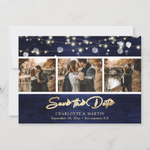 Elegant Navy Blue Gold Foil Wood Wedding Photo Save The Date