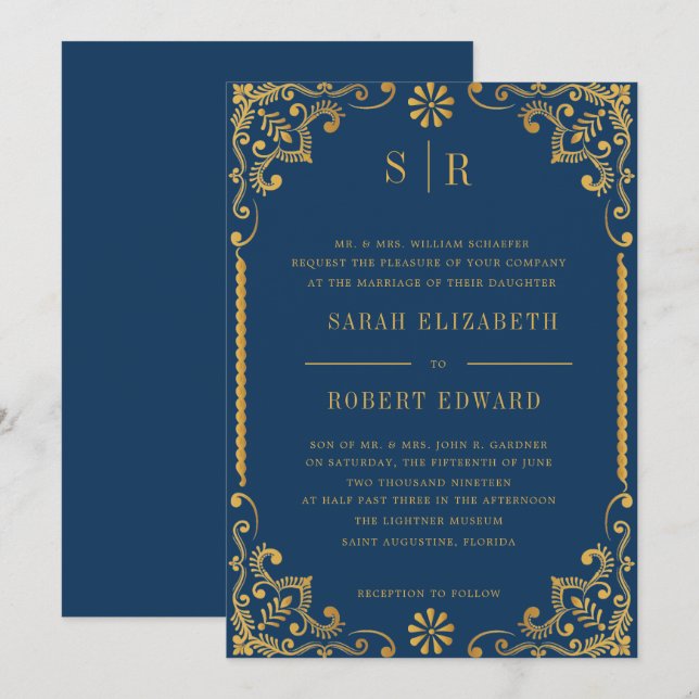 Elegant Navy Blue Gold Frame Rehearsal Dinner Invitation (Front/Back)