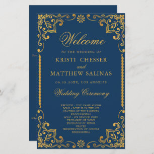 Elegant Navy Blue Gold Frame Wedding Program Card