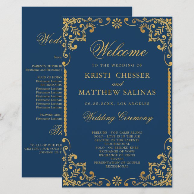 Elegant Navy Blue Gold Frame Wedding Program Card (Front/Back)