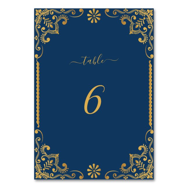 Elegant Navy Blue Gold Frame Wedding Table Number (Front)