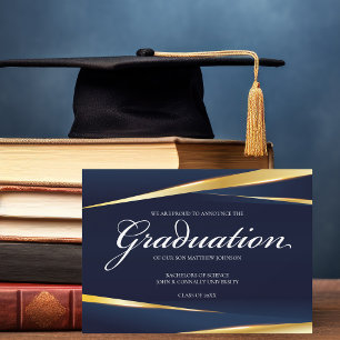 Elegant Navy Blue Gold Geometric Formal Graduation Announcement