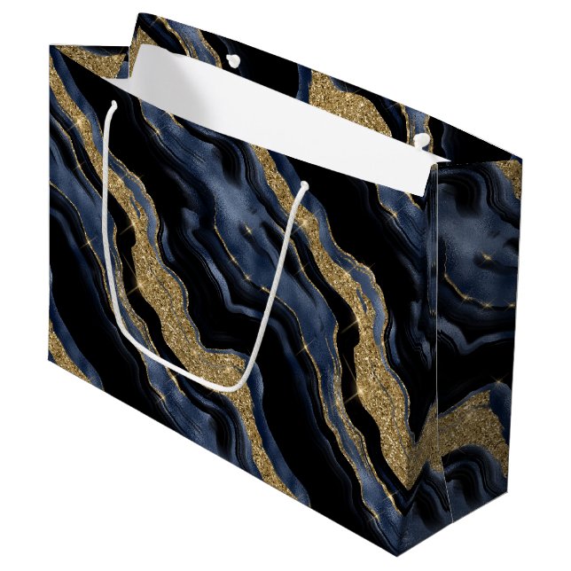 Elegant Navy Blue & Gold Glitter Agate Birthday Large Gift Bag (Front Angled)