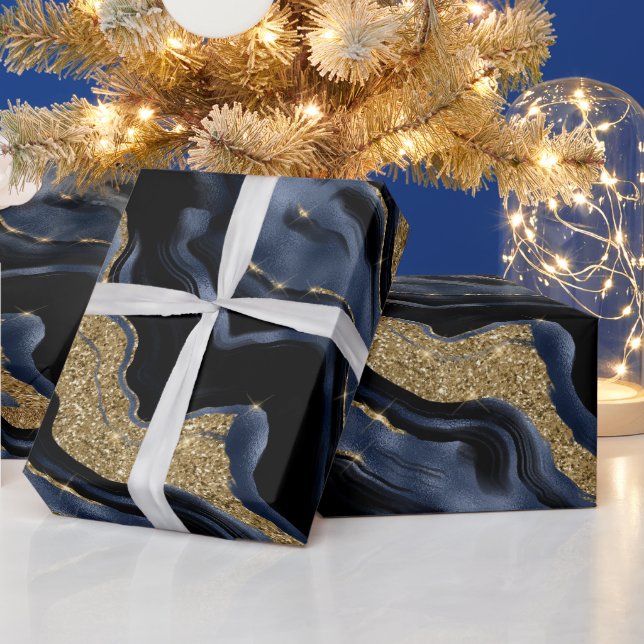 Elegant Navy Blue & Gold Glitter Agate Birthday Wrapping Paper (Holidays)