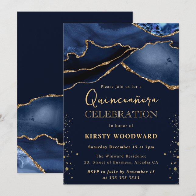 Elegant Navy Blue & Gold Glitter Agate Quinceanera Invitation (Front/Back)
