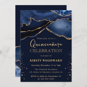 Elegant Navy Blue & Gold Glitter Agate Quinceanera Invitation