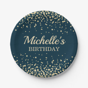 Elegant Navy Blue Gold Glitter Birthday Party Paper Plate