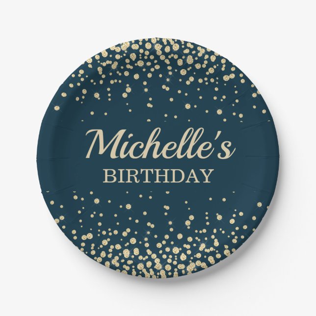 Elegant Navy Blue Gold Glitter Birthday Party Paper Plate (Front)