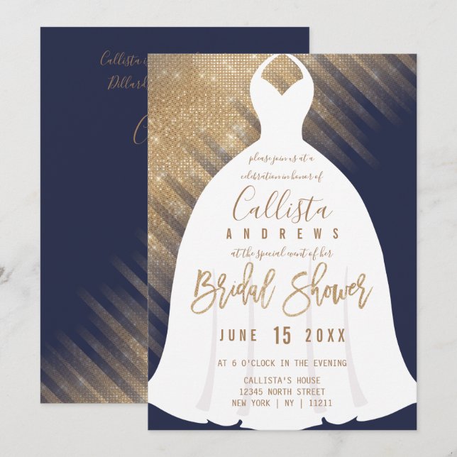 Elegant Navy Blue Gold Glitter Dress Bridal Shower Invitation (Front/Back)