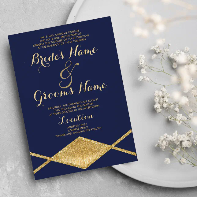 Elegant navy blue gold glitter geometric Wedding Invitation | Zazzle
