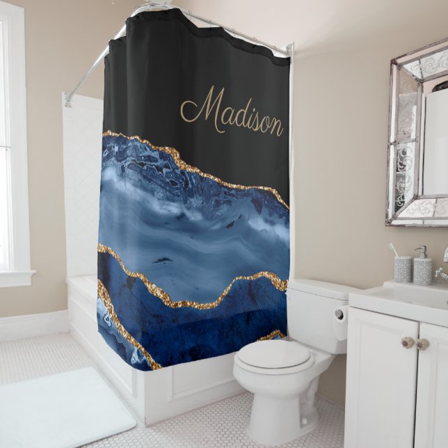 Elegant Navy Blue Gold Glitter Marble Agate  Showe Shower Curtain (In Situ)