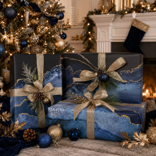 Elegant Navy Blue Gold Glitter Marble Agate Wrapping Paper Sheet