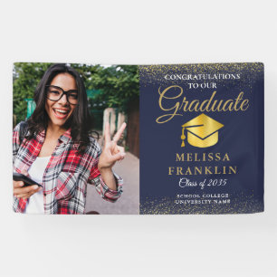 Elegant Navy Blue Gold Glitter Photo Graduation  Banner