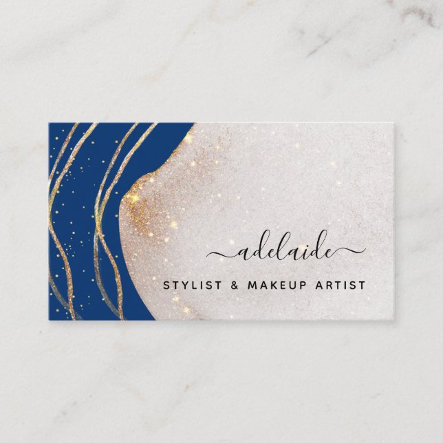 Elegant Navy Blue Gold Glitter Signature Agate Bus Business Card (Front)
