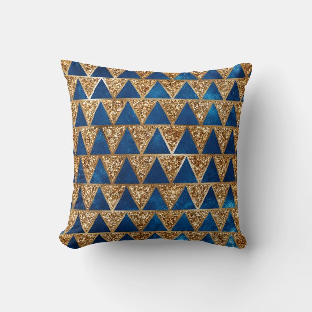 Elegant Navy Blue Gold Glitter Triangle Pattern Cushion (Front)