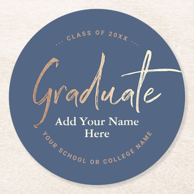 Elegant Navy Blue Gold Graduation Party Round Paper Coaster (Front)