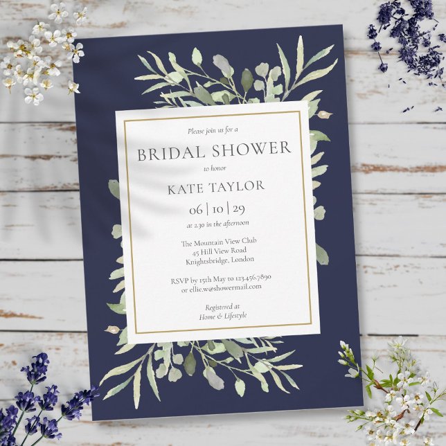 Elegant Navy Blue Gold Greenery Bridal Shower Invitation (Elegant Navy Blue Gold Greenery Bridal Shower Invitation)