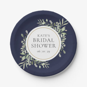 Elegant Navy Blue Gold Greenery Bridal Shower Paper Plate