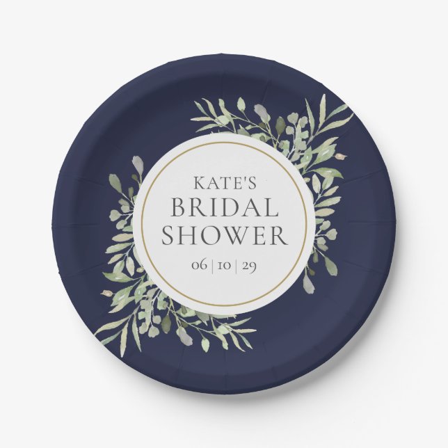 Elegant Navy Blue Gold Greenery Bridal Shower Paper Plate (Front)