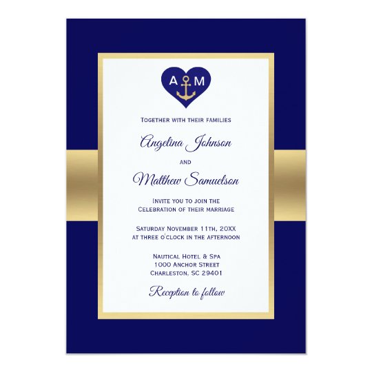 Elegant Navy Blue Gold Heart Nautical Wedding Invitation