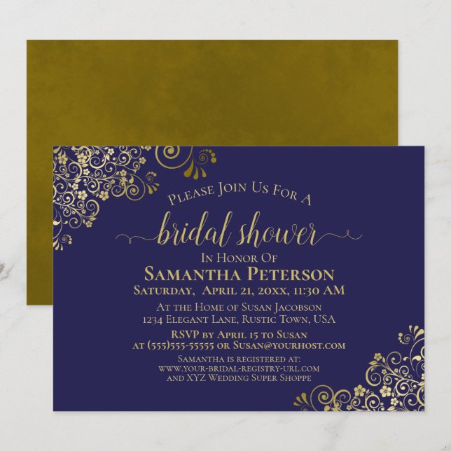 Elegant Navy Blue & Gold Lace Frills Bridal Shower Invitation (Front/Back)