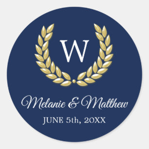 Elegant Navy Blue & Gold Laurel Monogram Wedding Classic Round Sticker