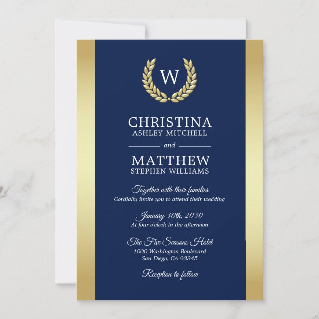 Elegant Navy Blue Gold Laurel Monogram Wedding Invitation (Front)