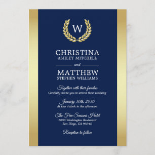 Elegant Navy Blue Gold Laurel Monogram Wedding Invitation