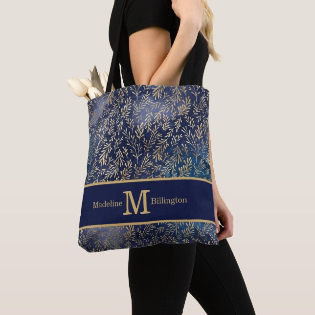 Elegant Navy Blue Gold Leaves Monogram Name Tote Bag (Close Up)