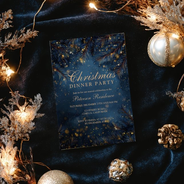 Elegant Navy Blue Gold Lights Pine Party Christmas Invitation (Elegant Navy Blue Gold Lights Pine Party Christmas Invitation)