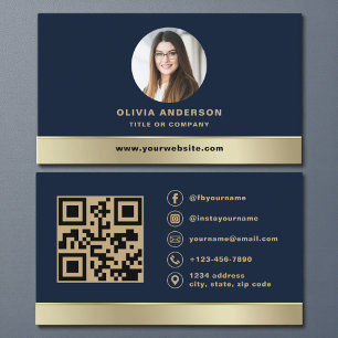 Elegant Navy Blue Gold Logo QR Code Photo Business Card