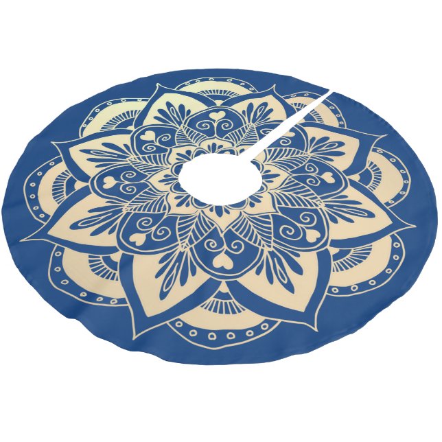 Elegant Navy Blue Gold Mandala Boho Christmas Brushed Polyester Tree Skirt (Angled)