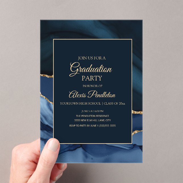 Elegant Navy Blue Gold Marble Agate Graduation Acrylic Invitations (Insitu (Handheld))