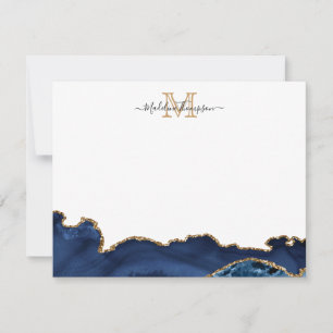 Elegant Navy Blue Gold Marble Agate Monogram Card