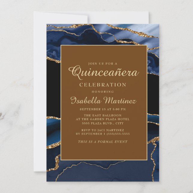 Elegant Navy Blue Gold Marble Agate Quinceañera Invitation (Front)