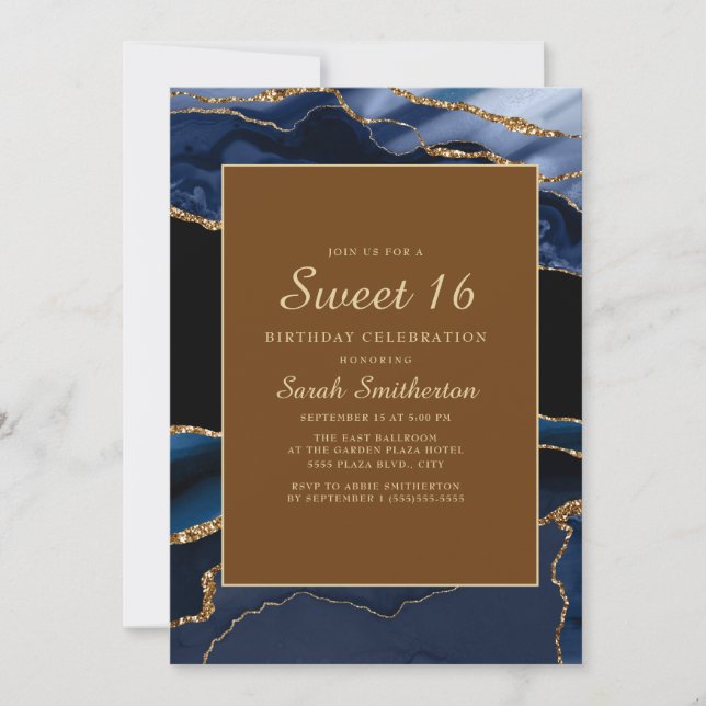 Elegant Navy Blue Gold Marble Agate Sweet 16 Invitation (Front)