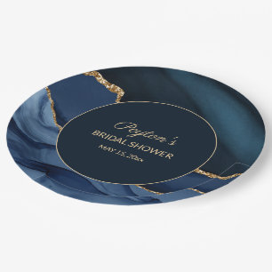 Elegant Navy Blue Gold Marble Bridal Shower Paper Plate