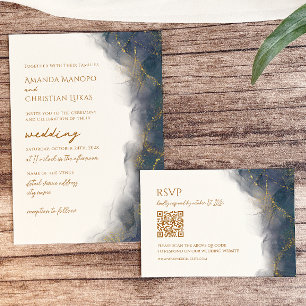 Elegant Navy Blue Gold Marble Typography Wedding Invitation
