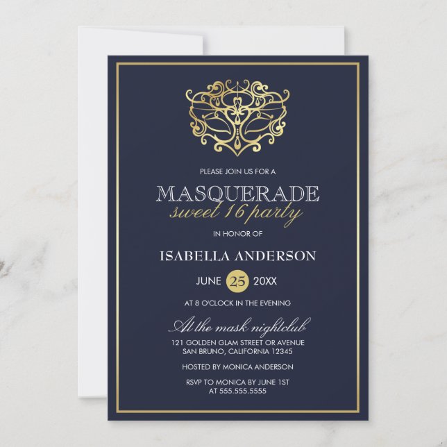 Elegant Navy Blue & Gold Masquerade Sweet 16 Party Invitation (Front)