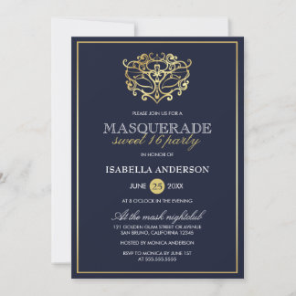 Elegant Navy Blue & Gold Masquerade Sweet 16 Party Invitation