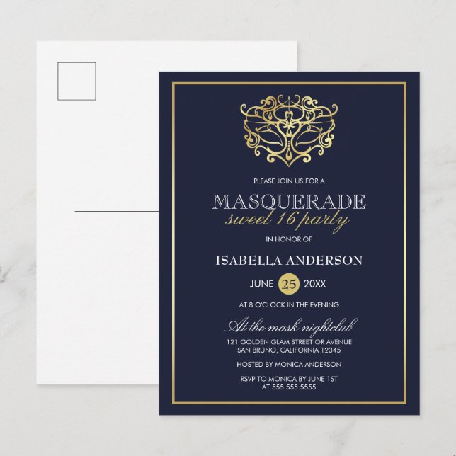 Elegant Navy Blue & Gold Masquerade Sweet 16 Party Invitation Postcard (Front/Back)