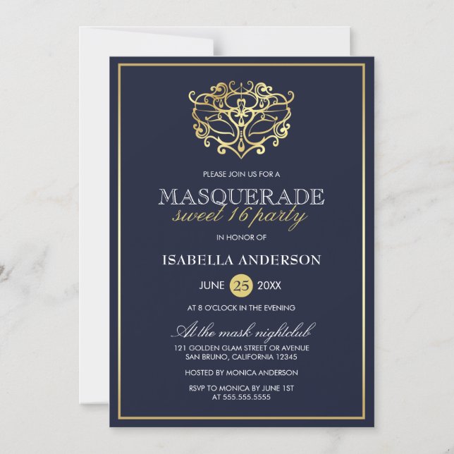 Elegant Navy Blue & Gold Masquerade Sweet 16 Party Magnetic Invitation (Front)