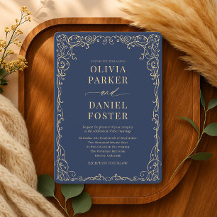 Elegant Navy Blue Gold Minimalist Wedding Invitation