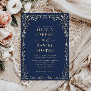 Elegant Navy Blue Gold Minimalist Wedding Invitation