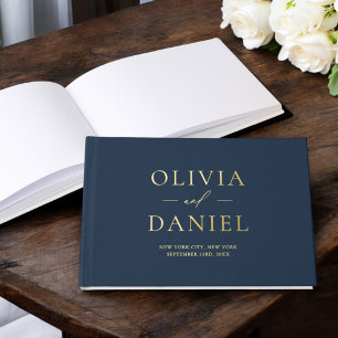 Elegant Navy Blue Gold Modern Minimalist Guest Book