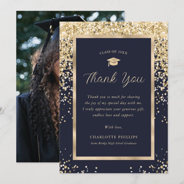 Elegant Navy Blue Gold Modern Photo Graduation Thank You Card (Front/Back)